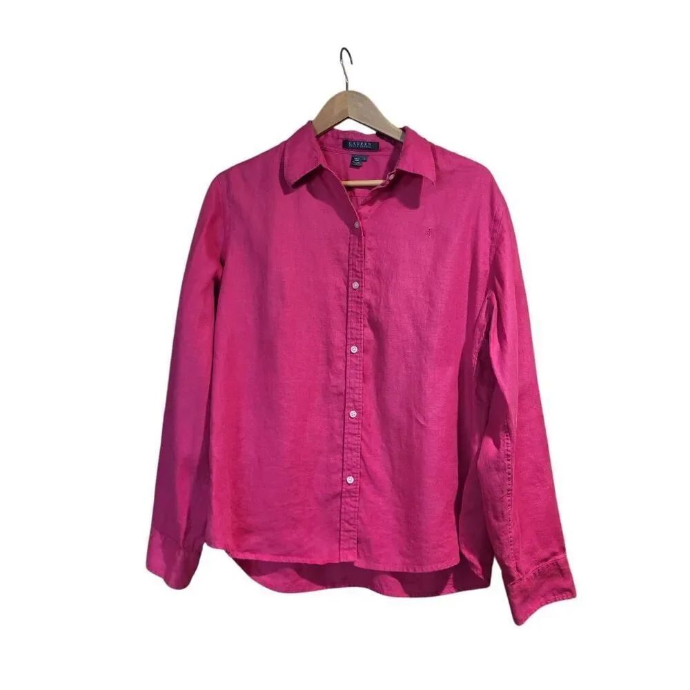 Ralph Lauren Button Down Shirt Women's Large Fuchsia Pink Linen Roll Tab